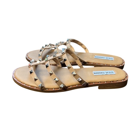 Steve Madden Averill Tan Studded Gladiator Slide Sandals Womens 9 Silver Studs - Picture 6 of 8